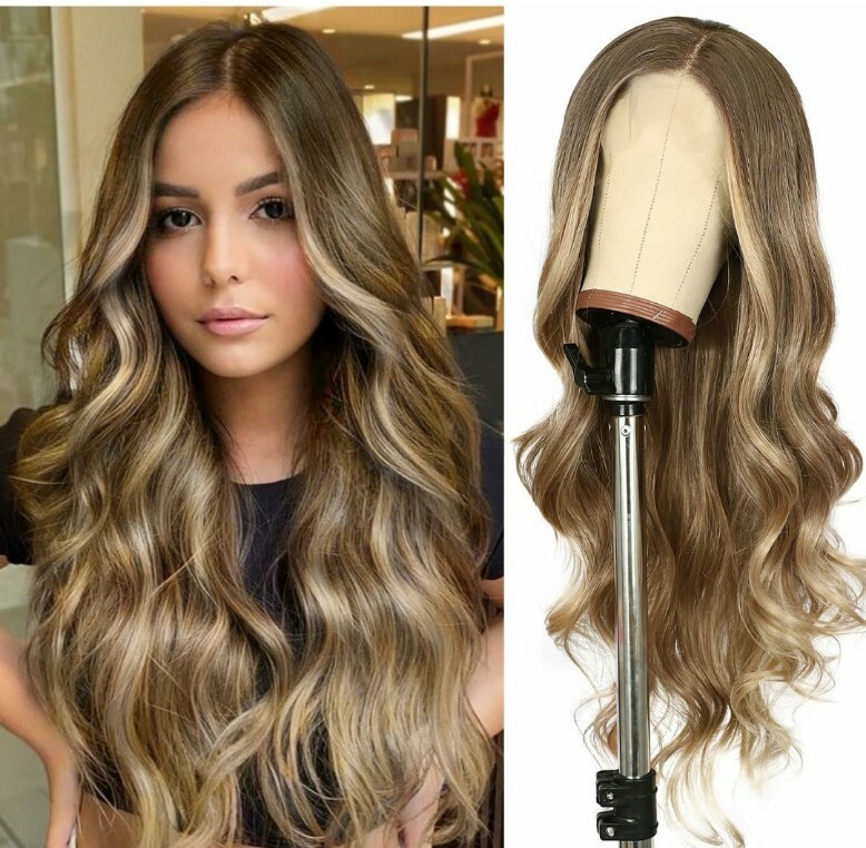 HD Lace Front Wig Human Hair Blend Highlights Wavy Curly Honey BROWN Blonde