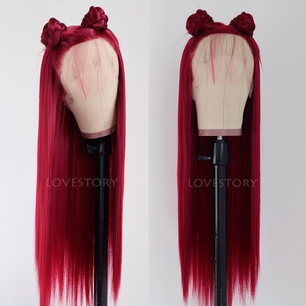 Women Lace Front Wig Red Long Straight Synthetic Hair Wigs Heat Resistant Party