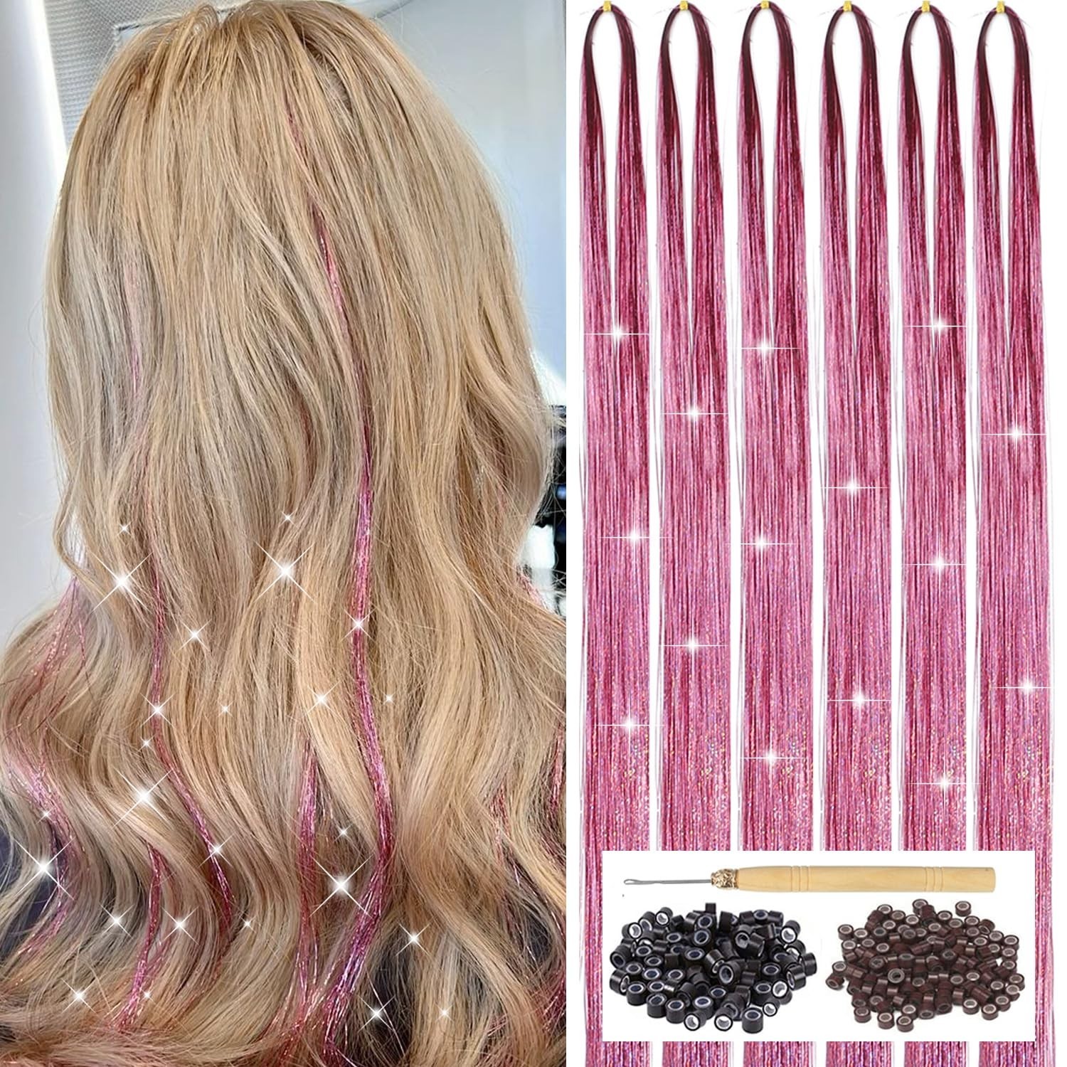 Sparkling Glitter Hair Tinsel Set: 6pcs Heat Resistant 1200 Strands—47 Inches