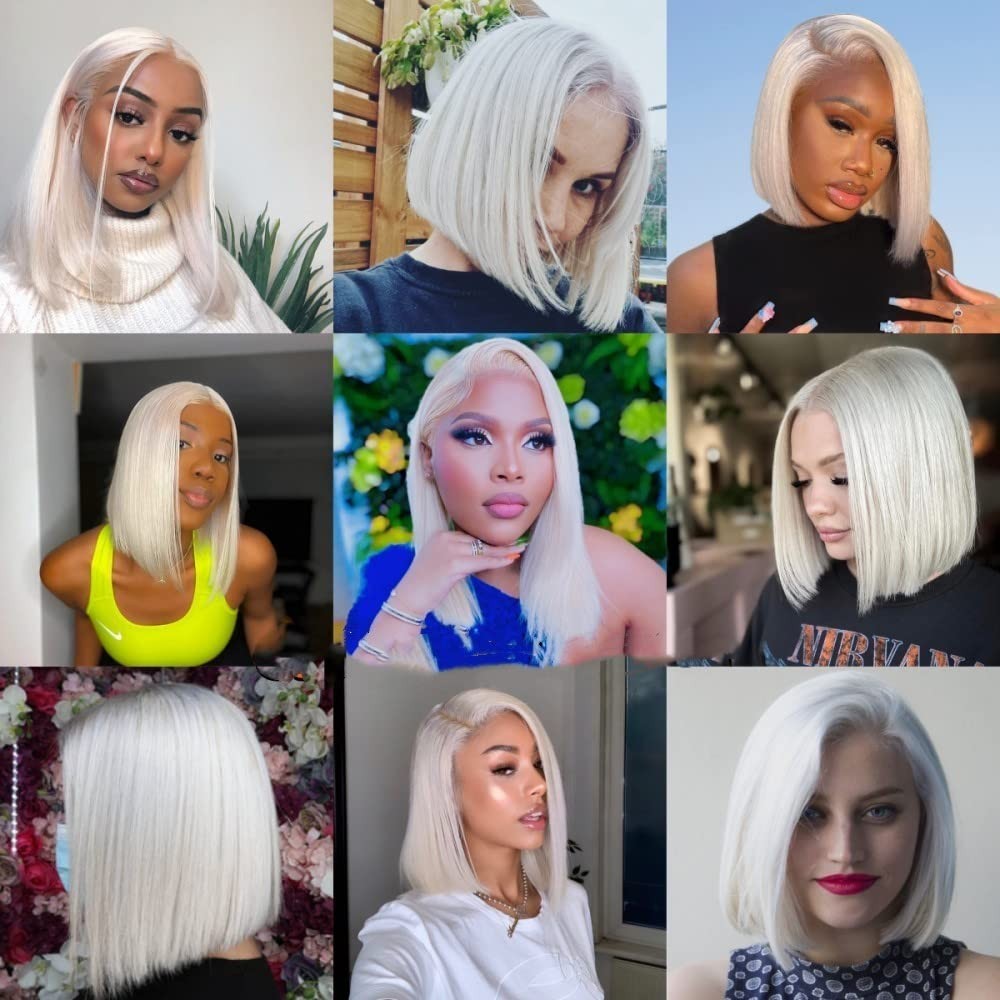 #60 Silver Grey White Platinum Blonde Bob Lace Frontal Wigs for Women Party