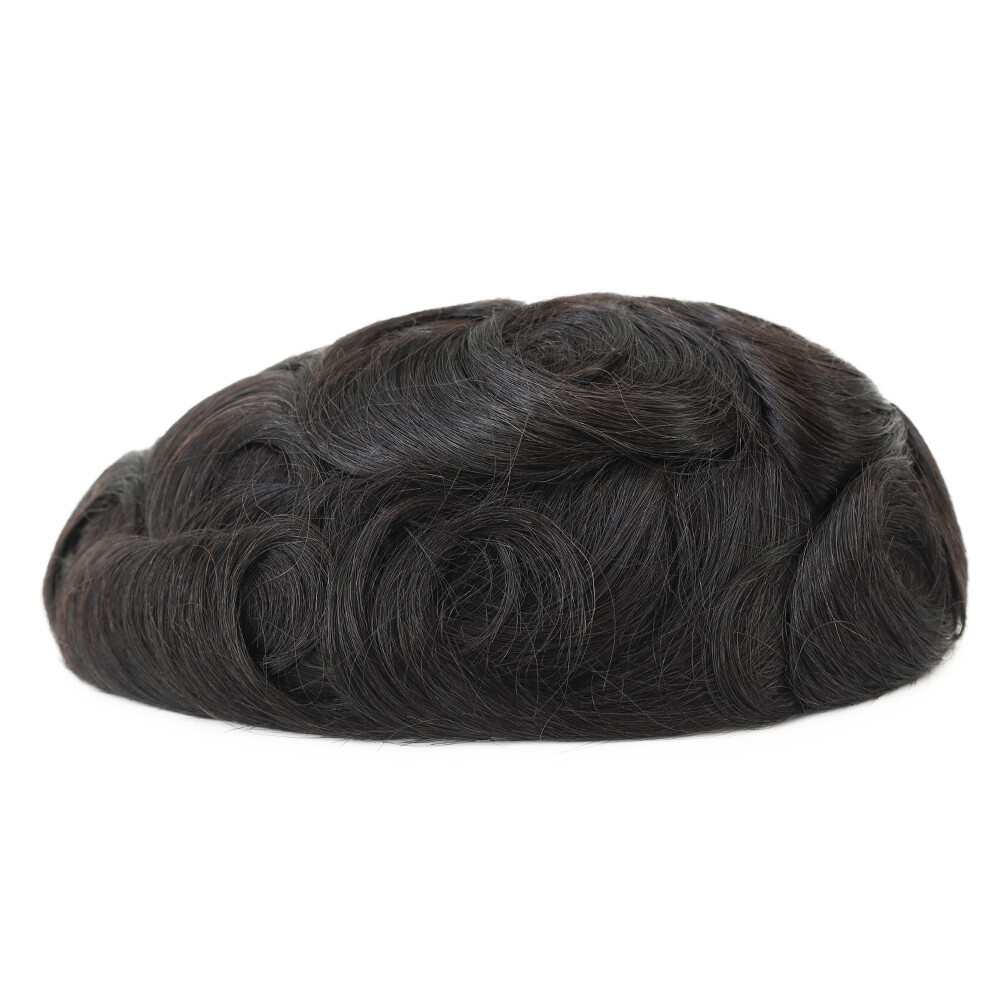 Mens Toupee Human Hair Systems Fine Mono Poly Coating Hairpieces #1B US Seller