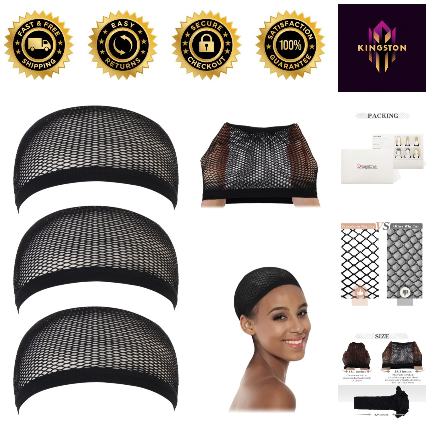Elastic Black Mesh Crochet Wig Caps – 3 Durable Pieces for Seamless Wear