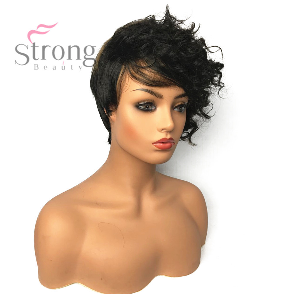 Synthetic Capless Brown Pixie Cut Hair Asymmetrical Side Bang Short Curly Wig