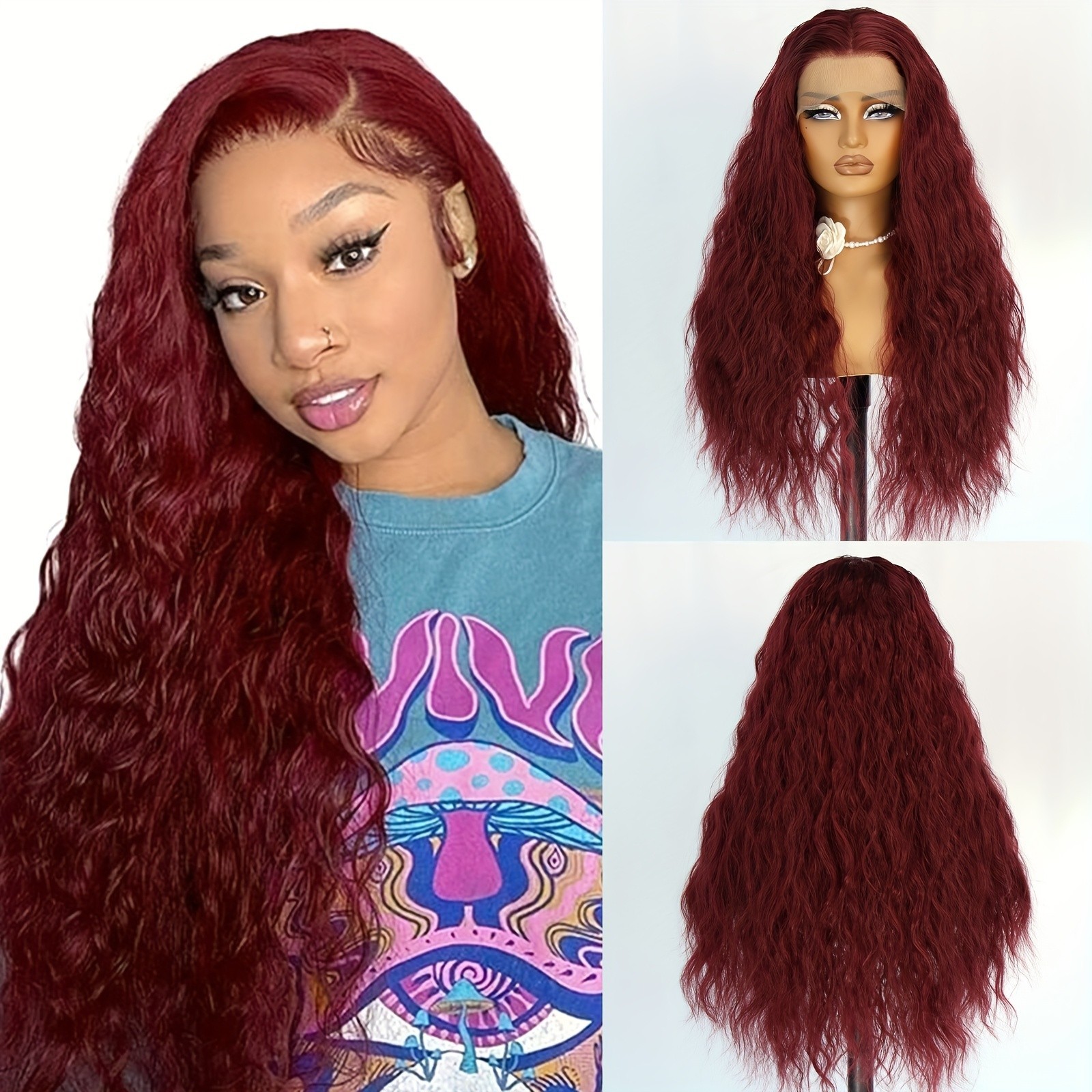 Loose Curly Hair Long Synthetic Lace Front Wig for Women Wine Red Burgundy Color