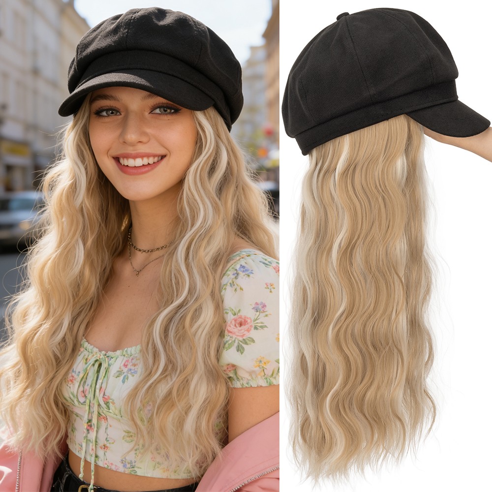 Women Wig Beret Hat Baseball Hat With Synthetic Hair Baseball Cap Wig Adjustable