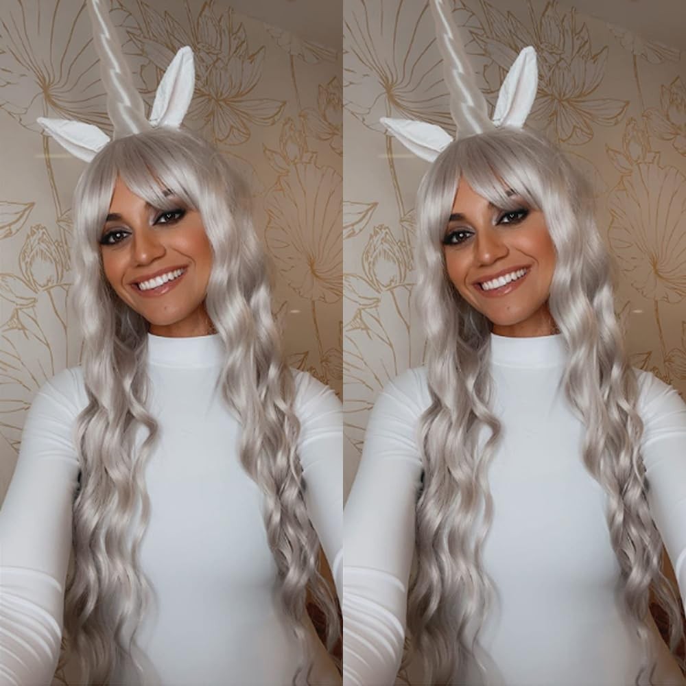 Platinum Blonde Wig with Bangs White Blonde Color Wig Wet and Wavy Long Loose…