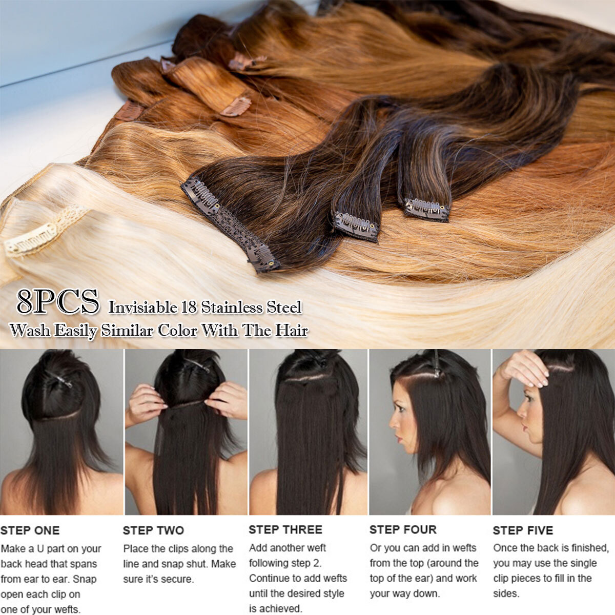 CLEARANCE Clip In 100% Real Remy Human Hair Extensions 8Pieces Full Head Caramel