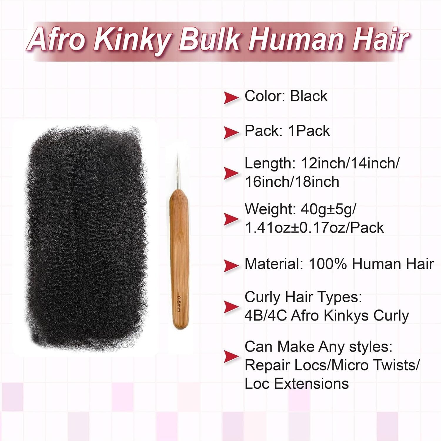 Afro Kinkys Bulk Human Hair 12 Inch 35g #1B Natural Black Dreadlock Extensions