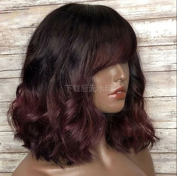 Full Machine Made Ombre 99J Human Hair Bob Wig with Bangs Burgundy Red Wavy Wig
