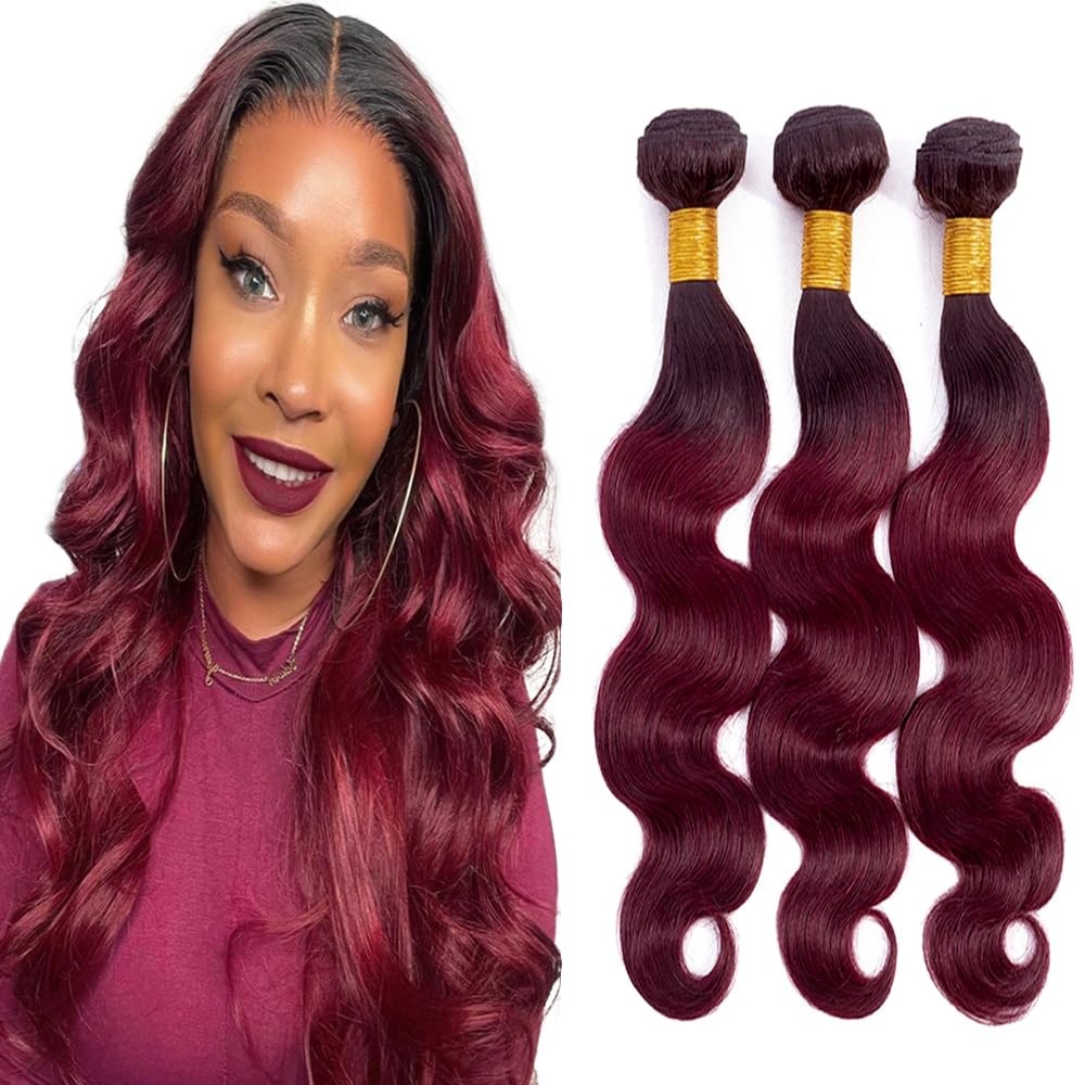 Niciitysi Ombre Two Tone Black And Burgundy Bundles Color 1B99J Body Wave Human