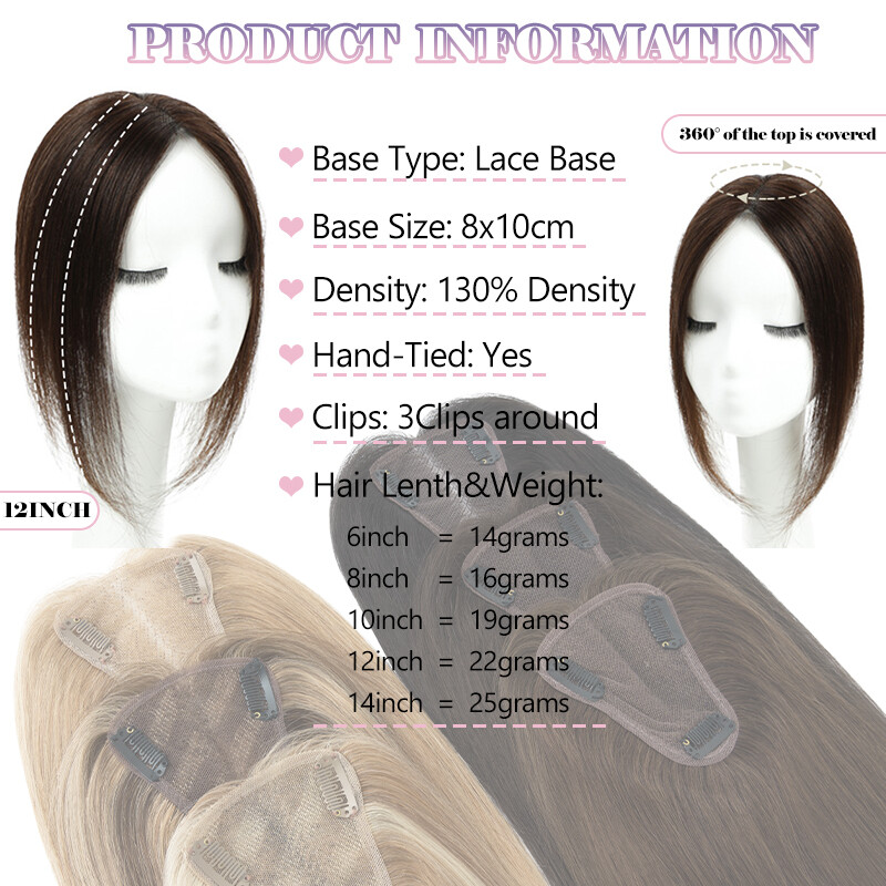 Clip in 100% Remy Human Hair Hand-Tied Top Lace Base Topper Hairpiece 8cm*10cm