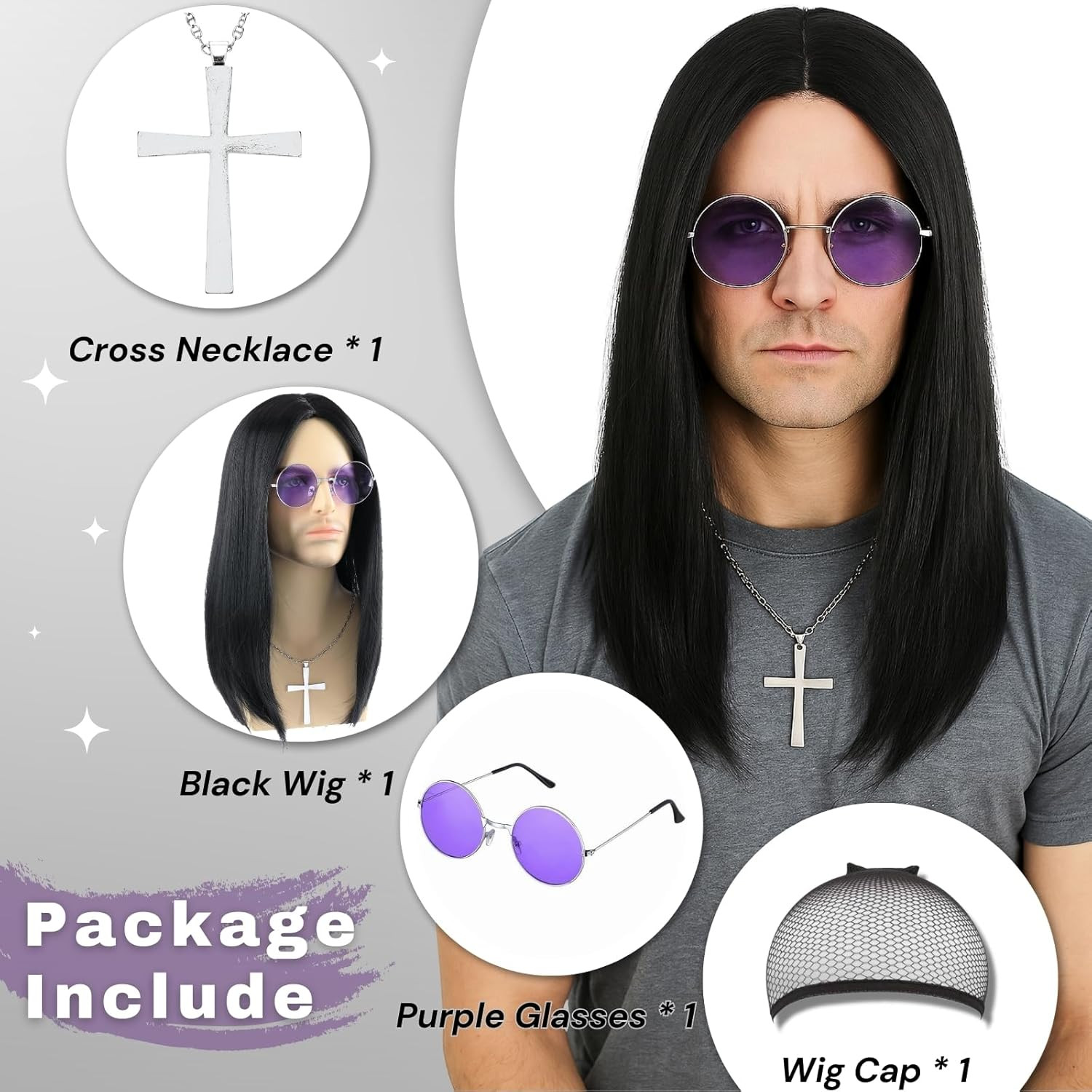 Morvally Long Black Straight 80S Heavy Metal Rocker Wig for Men – Center Parting