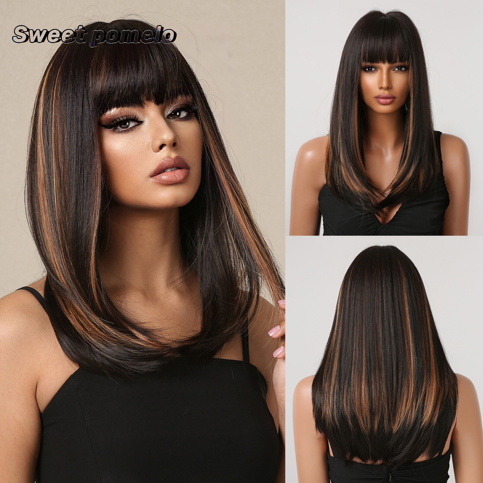 Wig woman long straight hair black dyed gold natural whole wig set