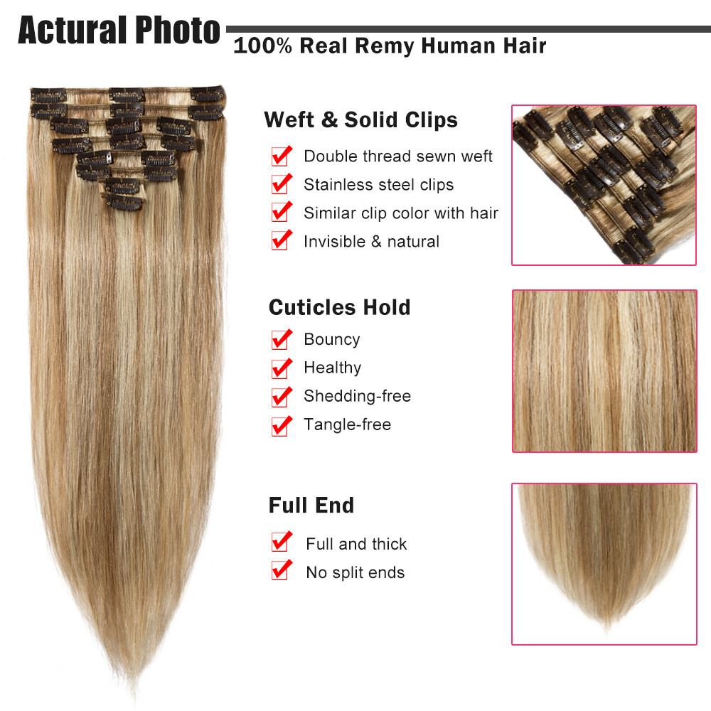 100% Remy Human Hair Extensions Clip In Soft Weft Full Head Double Drown Brown