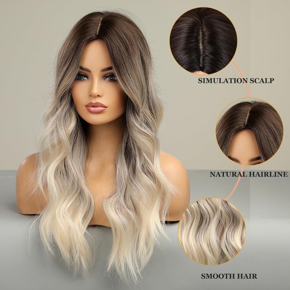 Elegant Long Ombre Wig for Women – 24-Inch Brown to Blonde Heat Resistant Style
