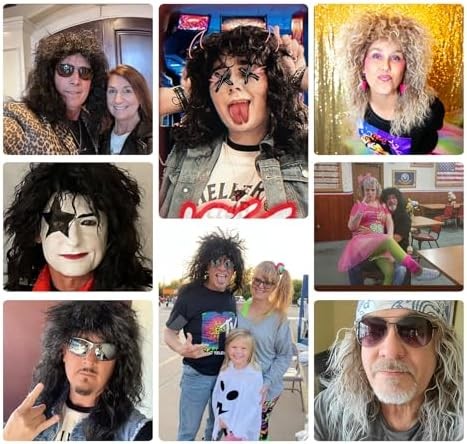 Rock Wig for 80s Costume Men and Women Curly Wavy Rocker Wig with Bangs Hippie P