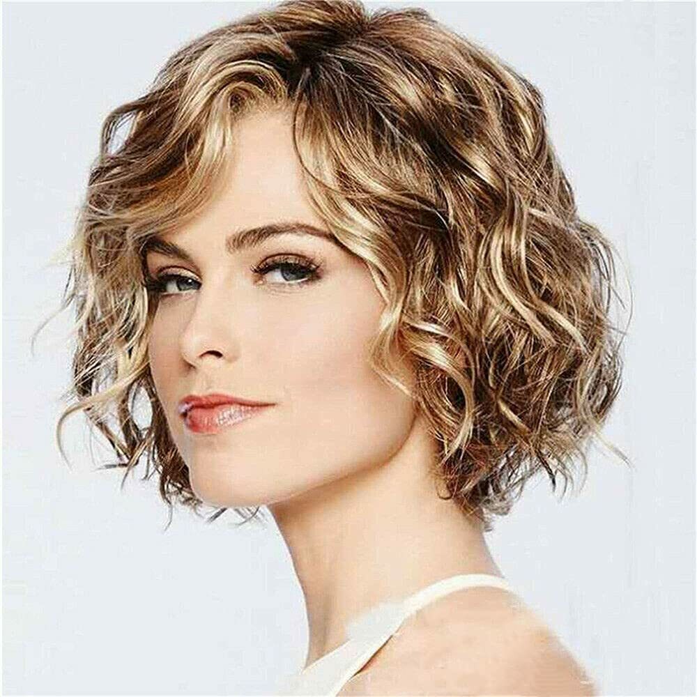 10 Inch Short Women Curly Wavy Bob Wig Fluffy Dark Blonde Hair Cosplay Casual US