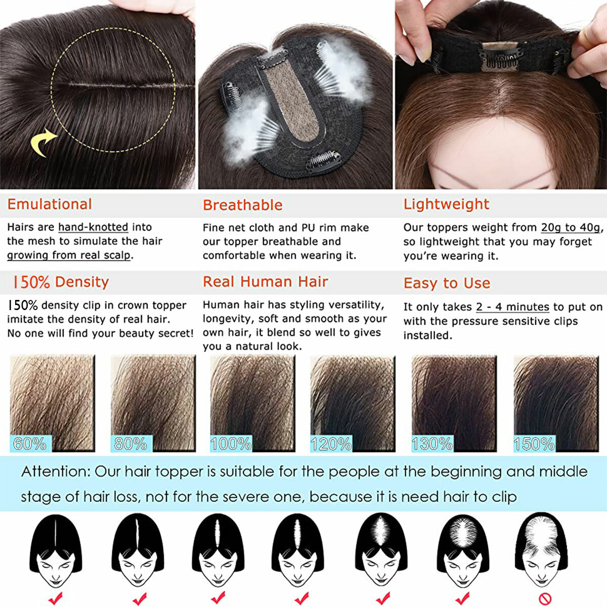100% Remy Clip In Human Hair Topper Hairpiece Toupee w/ Bang Silk Base For Women