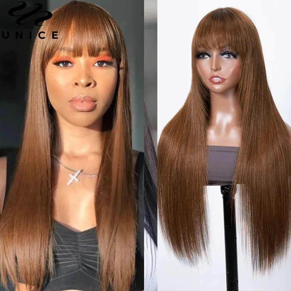 UNice Brazilian Brown Yaki Straight Human Hair Wig with Bang Lace Wigs Layer Cut