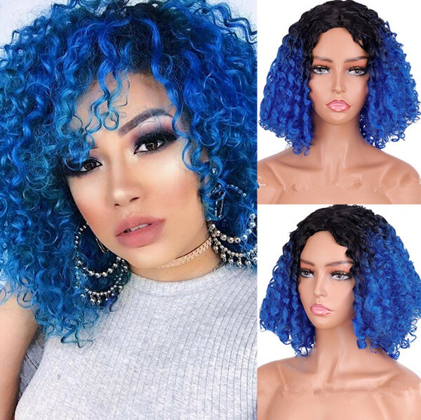 Short Afro Curly Wigs for Black Women Synthetic Natural Ombre Blue Purple Red