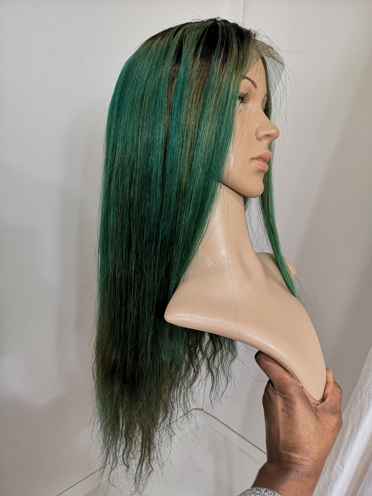 Custom High Quality 24” Soft Silk Green Brown Human Hair Front Lace Wig
