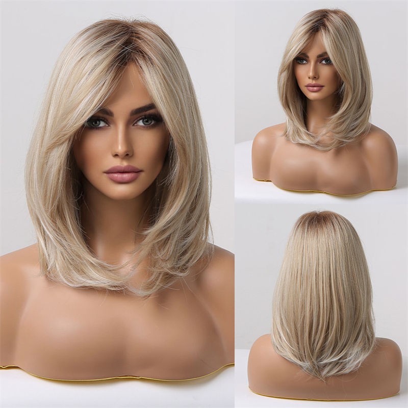 Women Fashion Short Hair Wig Pink Bobo Full Head Cover Straight Bangs Gradient