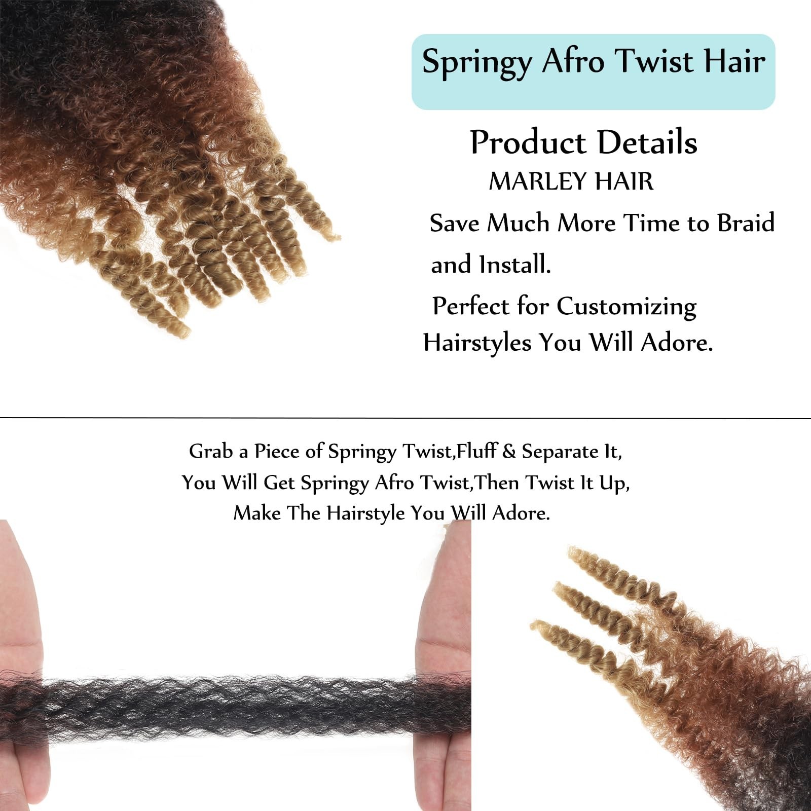 8 Inch Springy Afro Twist Braiding Hair – 3 Tone Kinky Hair, Pre-Separated, 8 Pa