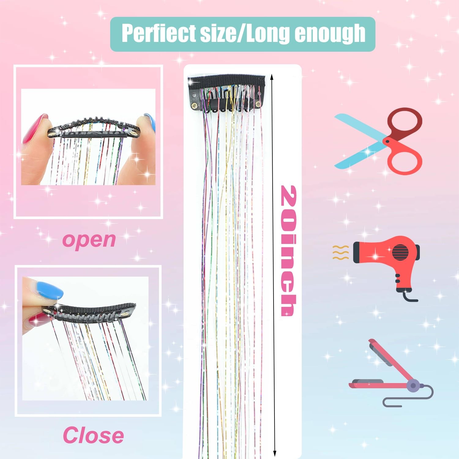 18x Hair Tinsel Clip Extensions 20 Inch Colorful Sparkling Glitter Set for Girls