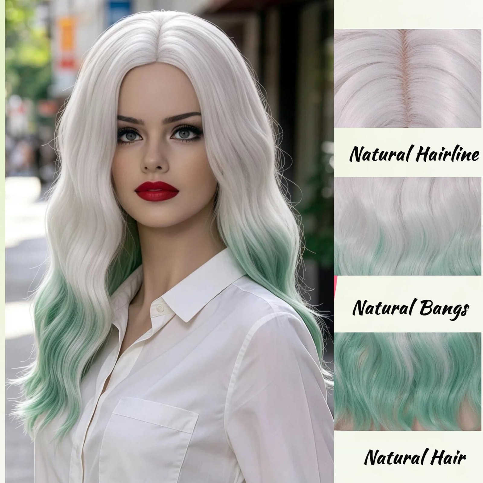 18″ Long Curly Wavy White Ombre Green Wig for Women Synthetic Hair Party Cosp…