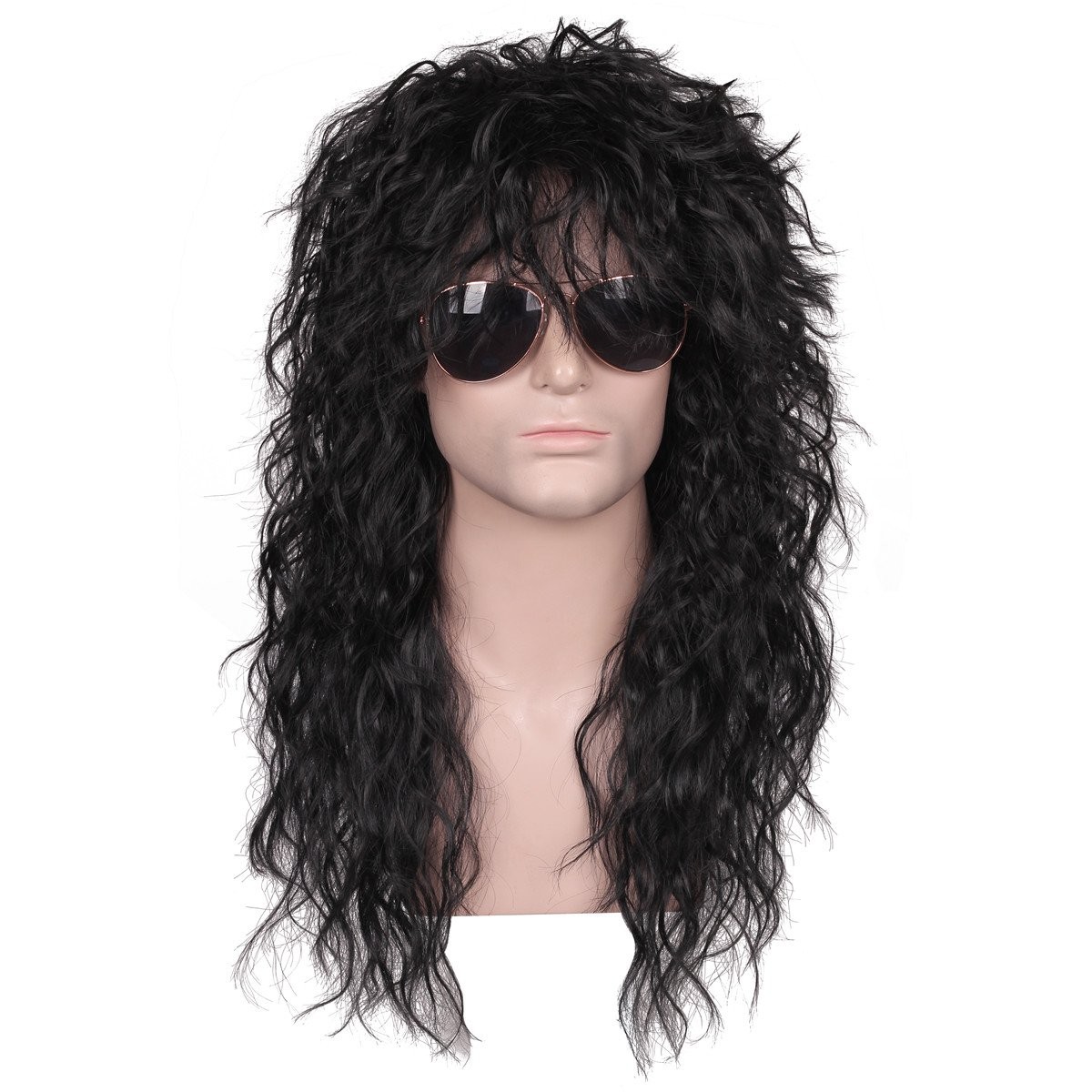 Mens 80s Long Curly Black Rocker Costume Wig Heavy Metal Disco Party