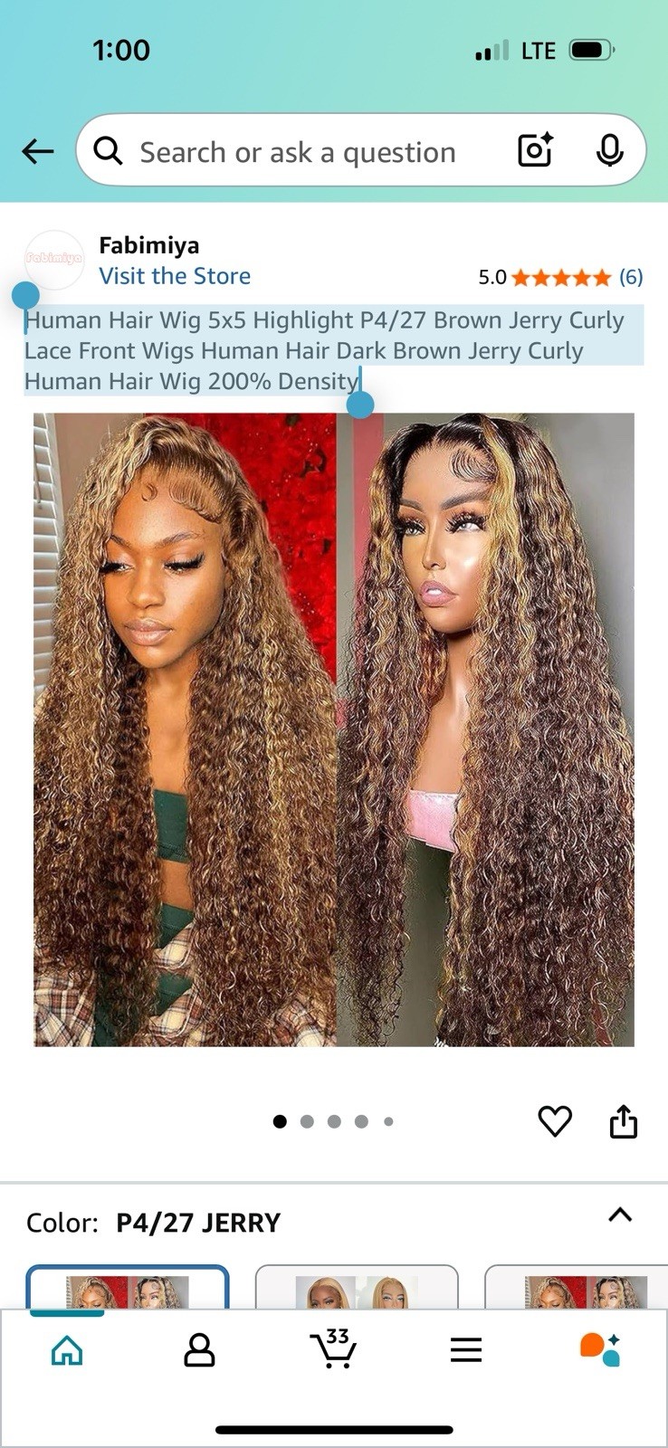 Fabimiya Human Hair Wig 5×5 Highlight P4/27 Brown Jerry Curly Lace Front 14 In