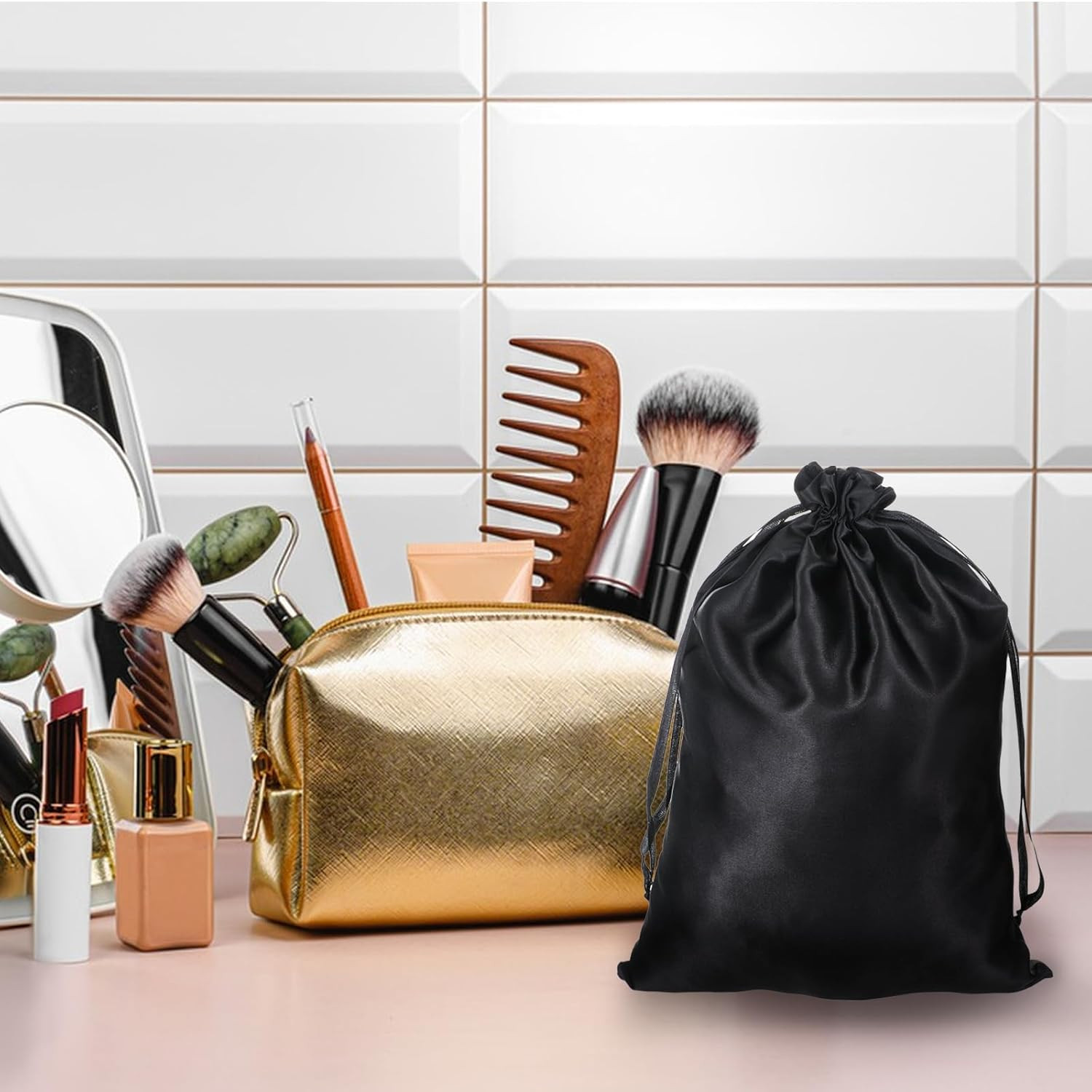 6Pcs Wig Storage Bags with Satin Drawstring Silk Bag for Packaging Wigs