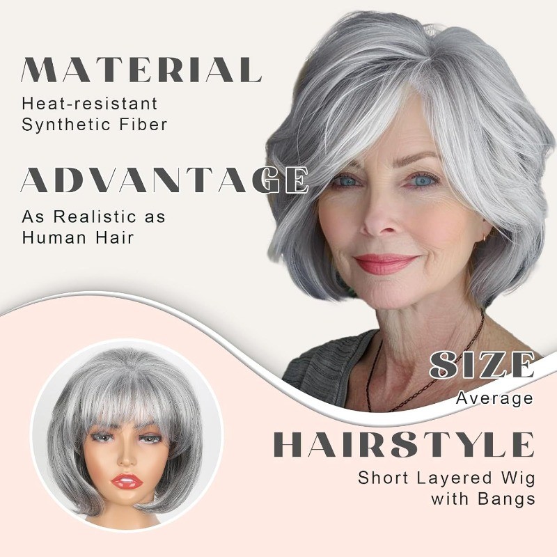 Womens Grey Wig Gray Layered Short Beanie Hairpiece Universal Brown Cosplay Wigs