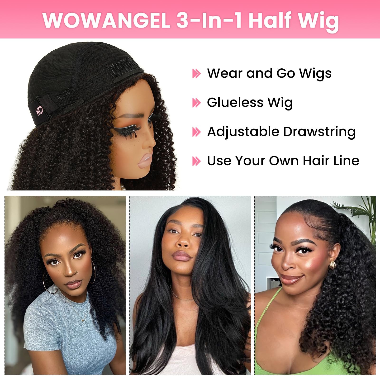Wowangel Kinky Curly Half Wig Human Hair 3-In-1 Glueless Headband Wig
