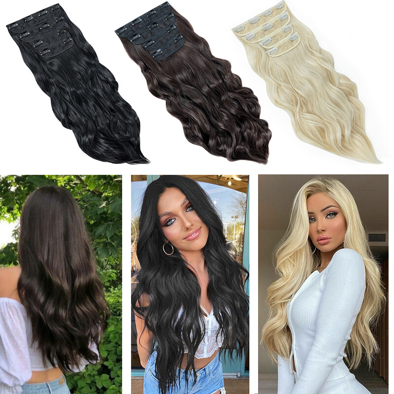 100% 4PCS Full Head Clip in Long Wavy Hair Extensions Thick Hair Piece as human