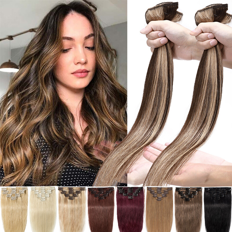 Clip In 100% Real Human Hair Extensions 8 Pieces Many Color Smooth Full Head US