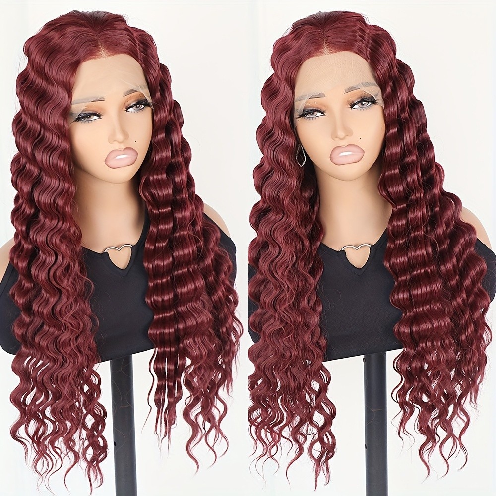 Wine Red Color Hair Long Deep Wave Burgundy Synthetic Lace Front Wig Pre Plucked