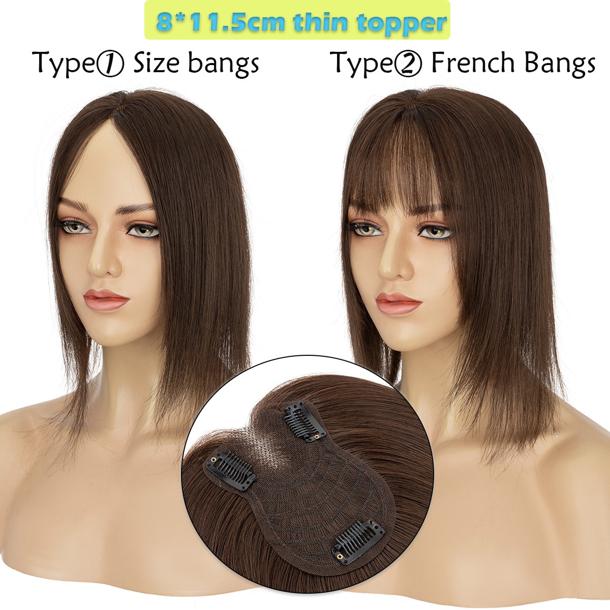 Top Lace Women Topper Clip In Remy Human Hair Toupee Hairpiece Bangs Lightweight
