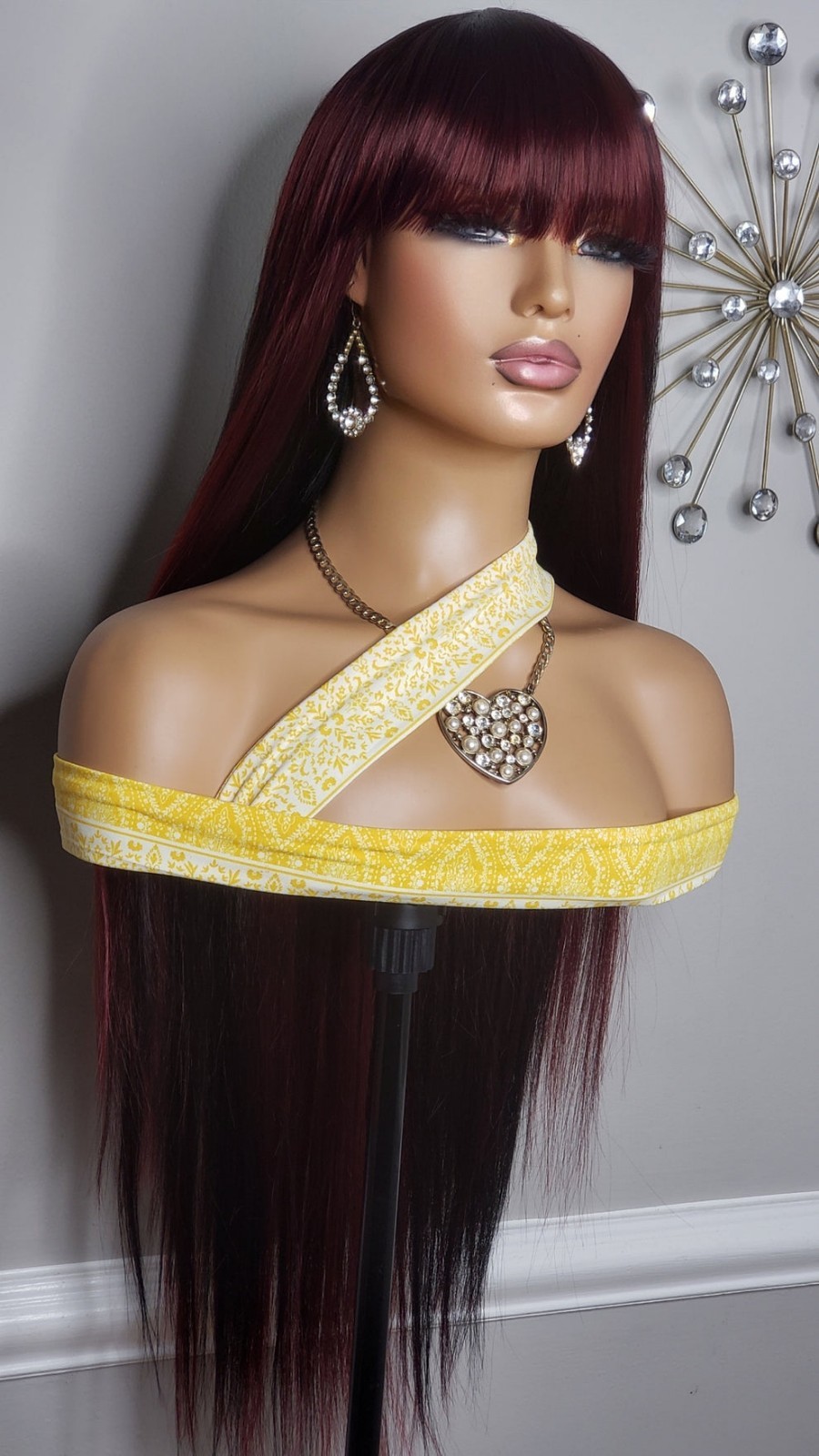 New Extra Long Straight Bang Style Burgundy Black 99J Red Wine Hair Full Cap Wig