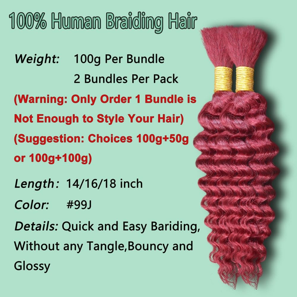Eileen 99J Burgundy 20 Inch 100g 2 Bundles Deep Wave Bulk Human Hair for Braidin