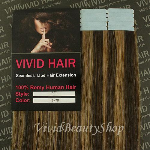 10pcs 22″ Seamless Tape Skin Weft Human Hair Extensions Brown Dark Blonde #5/7W