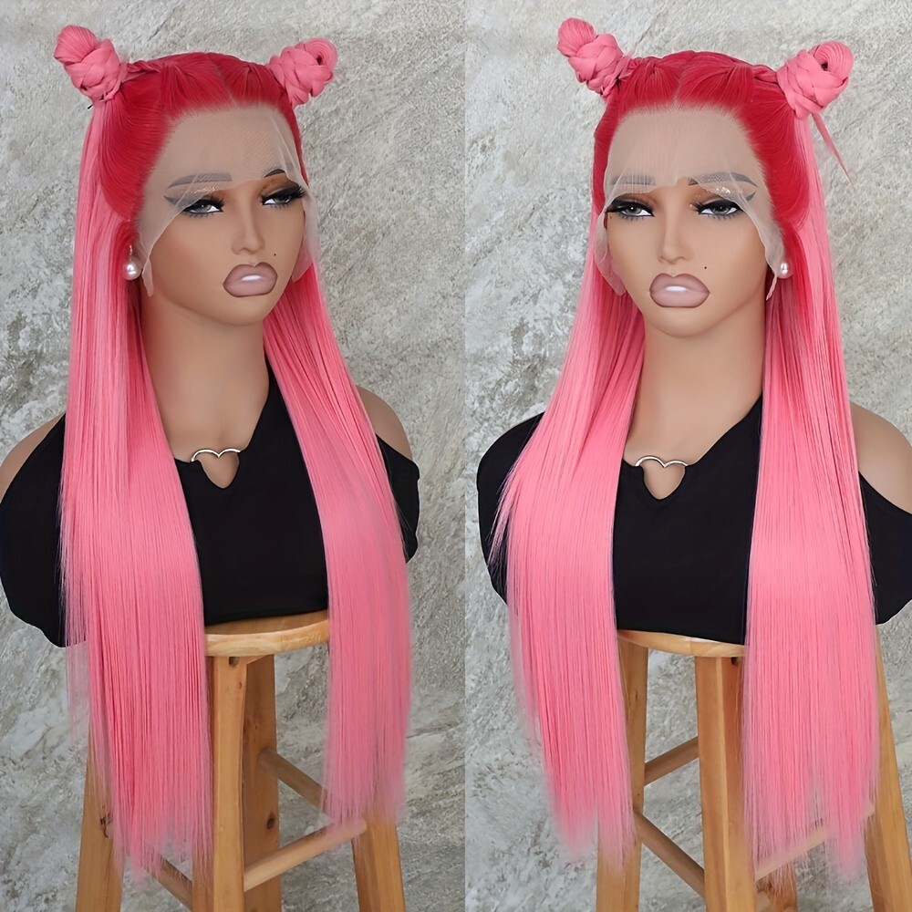 13×4 Ombre Pastel Pink Colored Synthetic Lace Front Wigs Free Part Pre Plucked