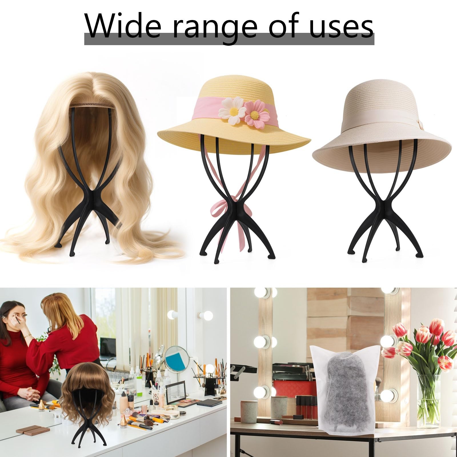Tecbeauty 4Pcs Wig Stand with 8Pcs Dust Bag, Portable Holder black