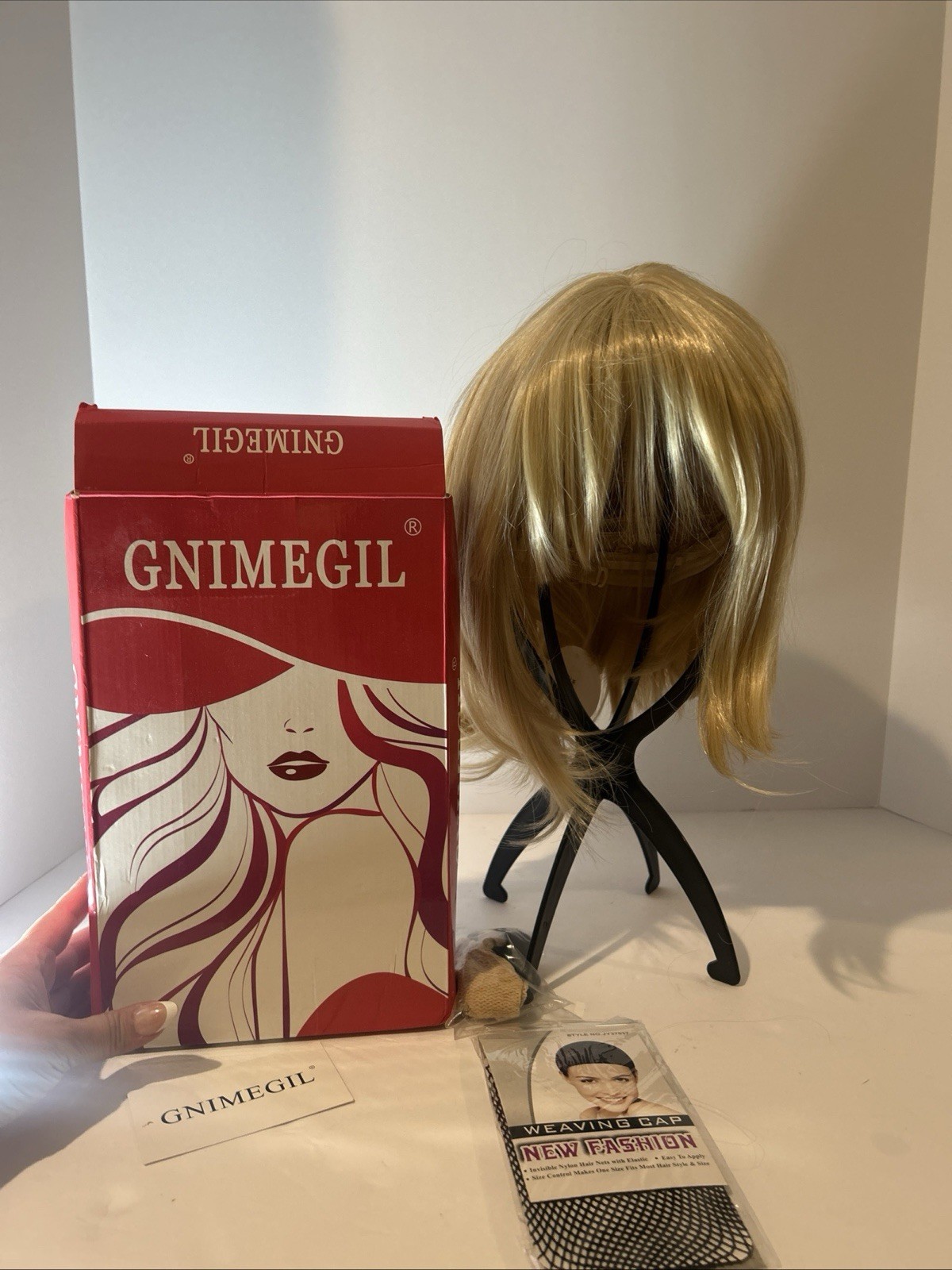 GNIMEGIL Platinum Blond Bob Synthetic Wig Straight Weaving Cap Classic One Size