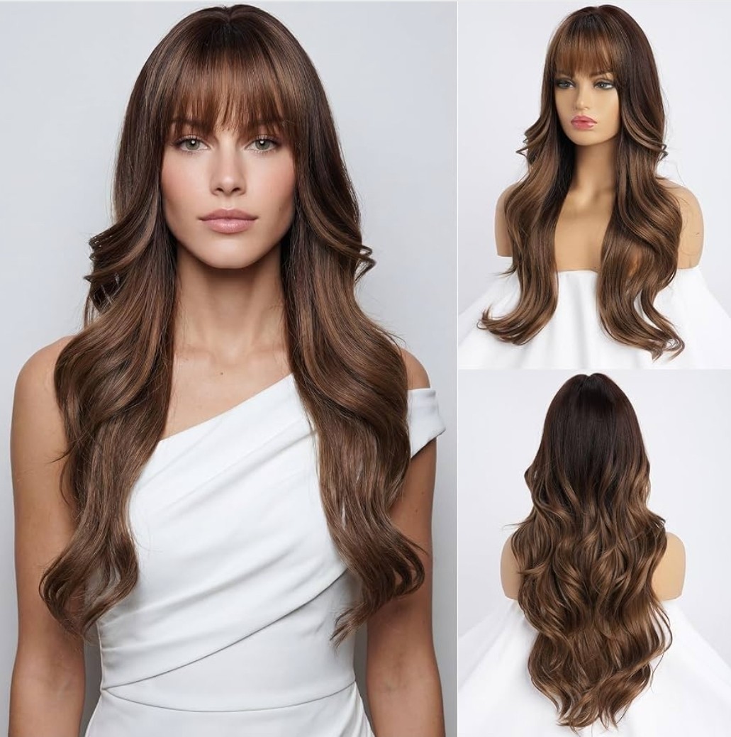 Wig – Human Hair Blend – Long Straight Body Wave Dark Brown Bangs Heat Resistant