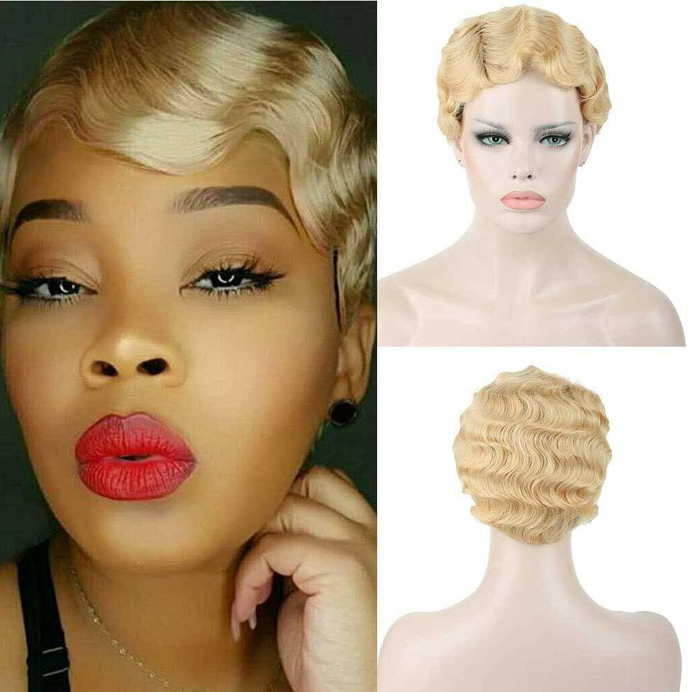 613 Light Blond Short Finger Wave Pixie Cut Wigs 100% Human Hair Wigs Party Wigs