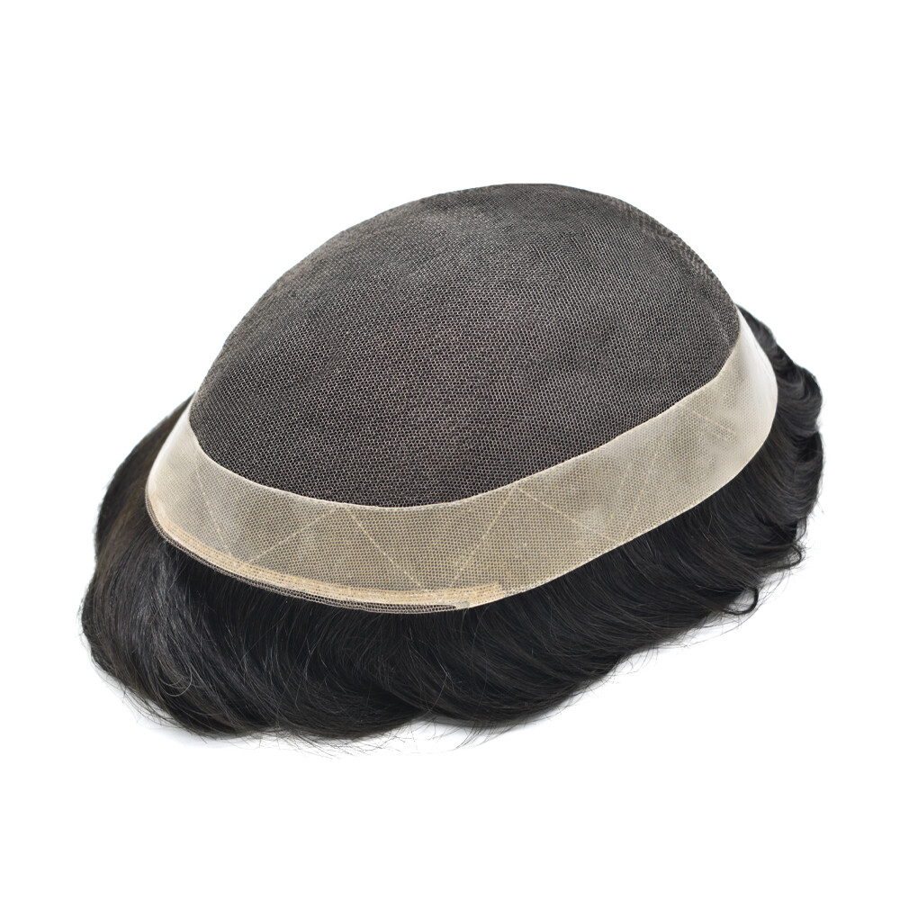 SWISS LACE Mens Toupee Lace Poly Hairpiece Skin PU Around Hair Replacement WigsU
