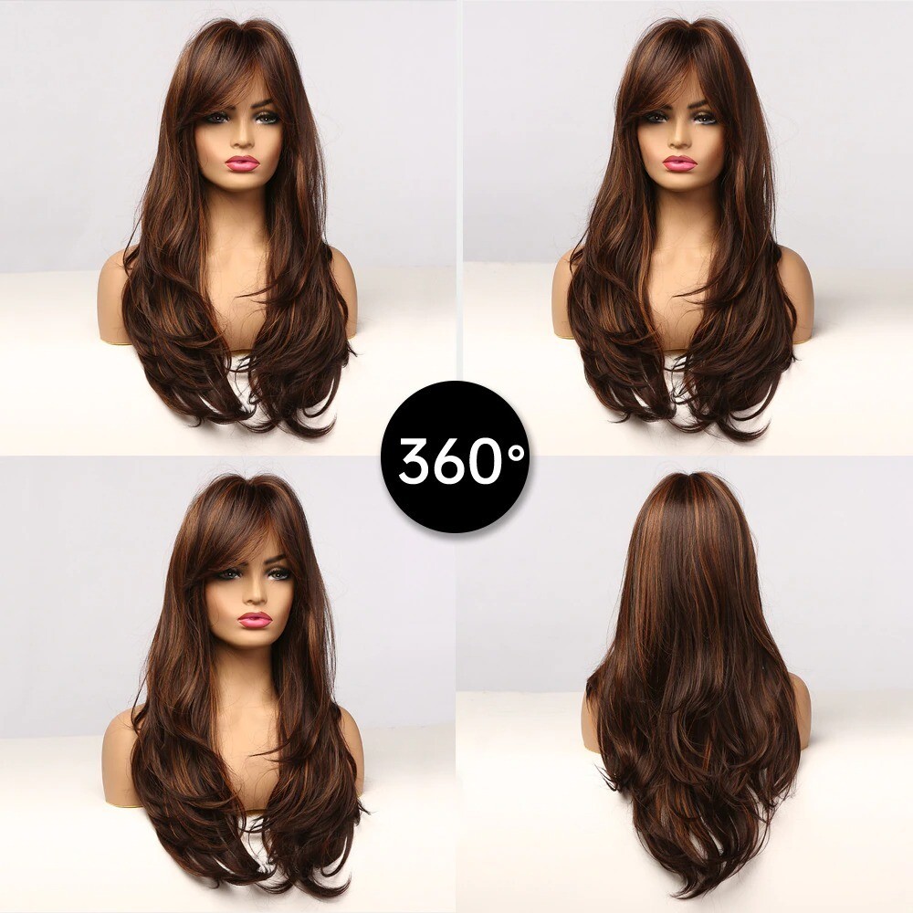 Black Brown Golden Highlight Wigs Long Wavy Synthetic Hair Wigs Womens hair Gift