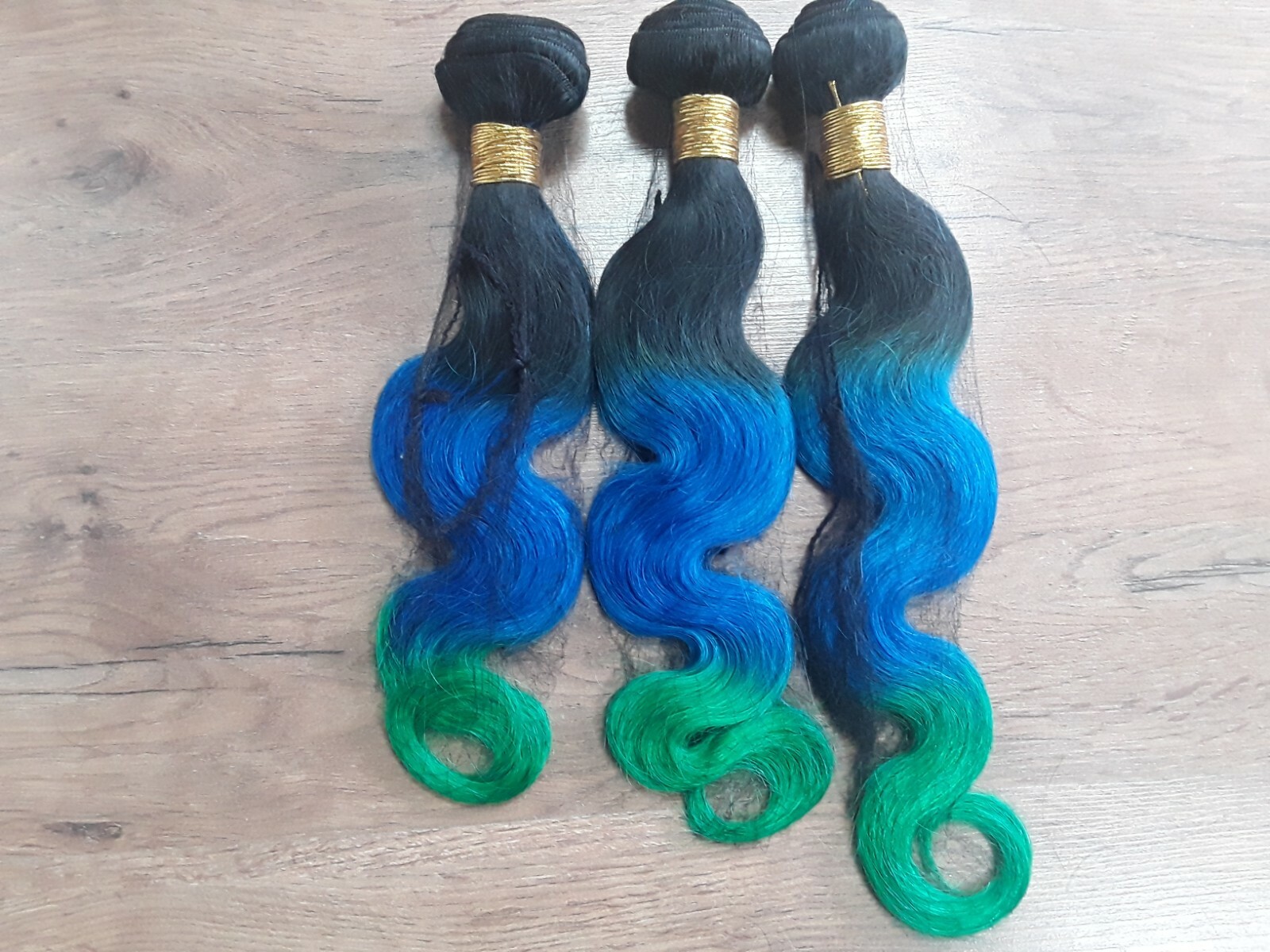 3BUNDLE REAL PERUVIAN OMBRE BODY WAVE HAIR 3TONE 1b/BLUE/GREEN 300g 16+18+20INCH