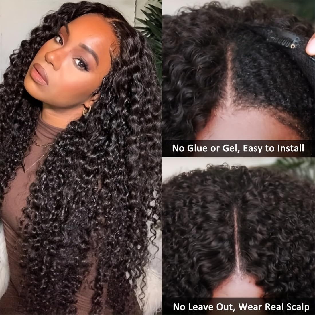V Part Human Hair Wigs, Upgrade Curly V Part Wigs Human Hair Clip In Half V Wigs
